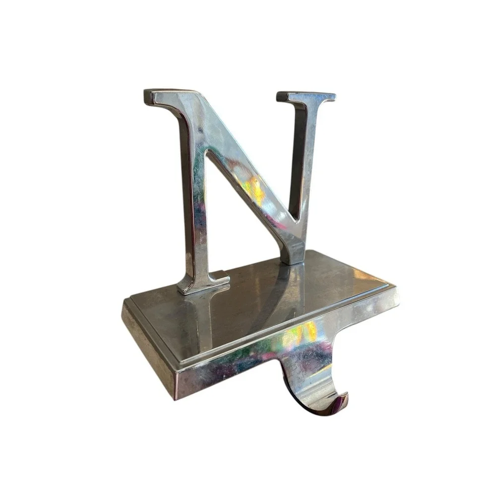 N Letter Christmas Stocking Hanger Hook Holder Mantle Fireplace Silver Metal